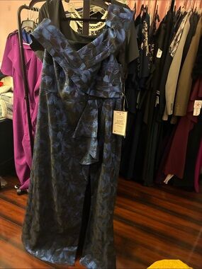 Macy's Navy and Black Floral-Print Maxi Dress with Draped Bodice
